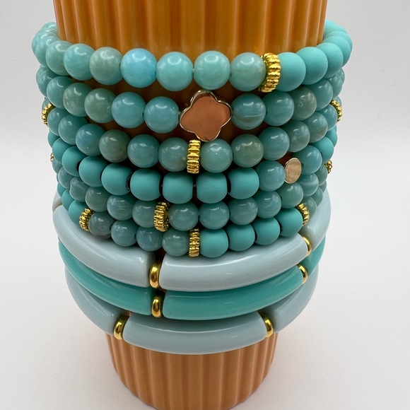 Boho Chic Teal Stackable Bead Bracelet Set - Stylish Dressy Bracelet Set - Picture 8 of 13